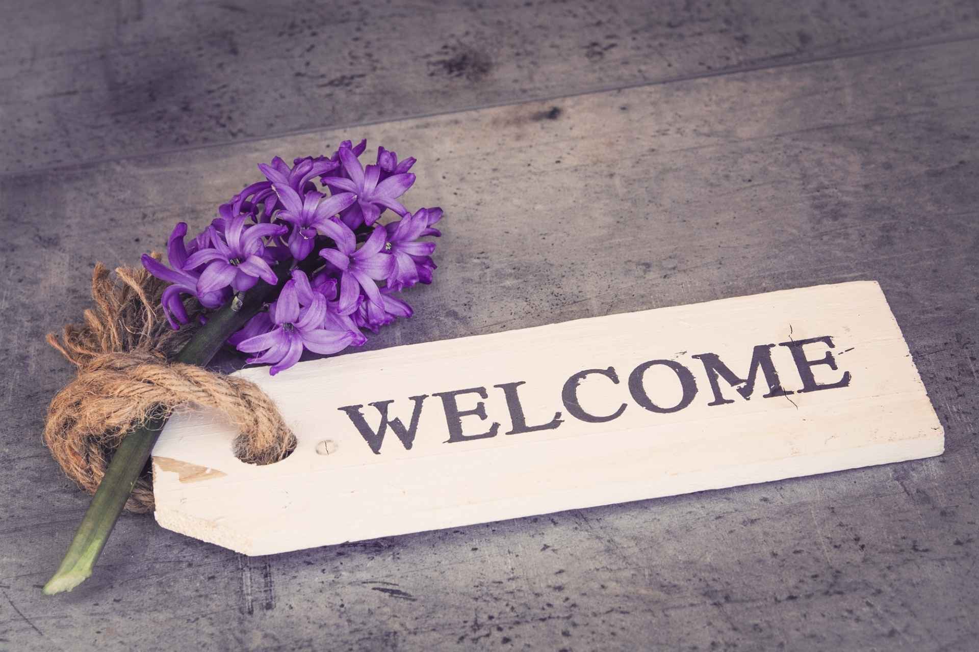 Welcome sign with rustic rope and purple hyacinth flowers on textured gray background